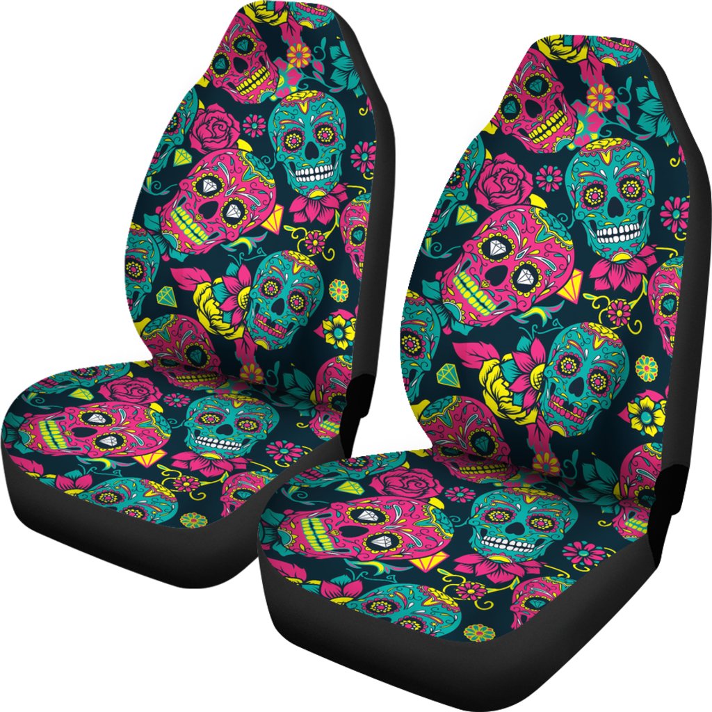 Sugar Skull Floral Design Themed Print Universal Fit Car Seat Covers