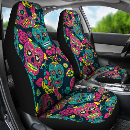 Sugar Skull Floral Design Themed Print Universal Fit Car Seat Covers