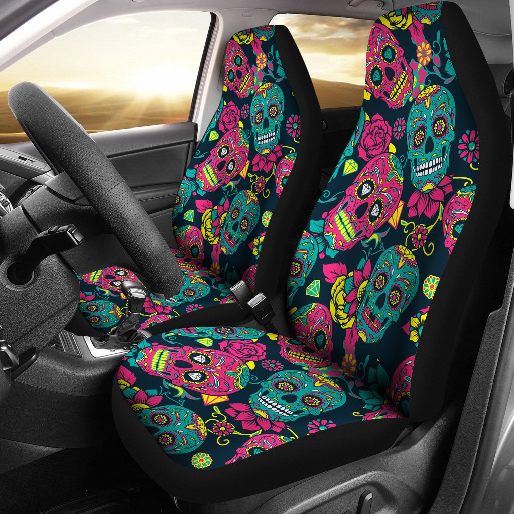 Sugar Skull Floral Design Themed Print Universal Fit Car Seat Covers