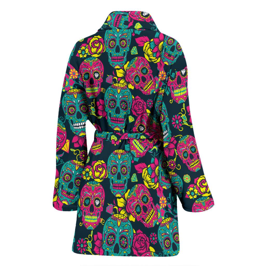 Sugar Skull Floral Design Themed Print Women Bath Robe-JTAMIGO.COM