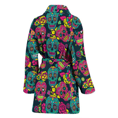 Sugar Skull Floral Design Themed Print Women Bath Robe-JTAMIGO.COM