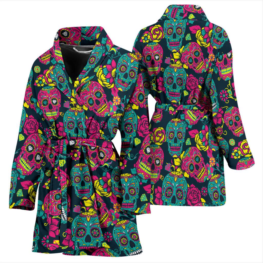 Sugar Skull Floral Design Themed Print Women Bath Robe-JTAMIGO.COM