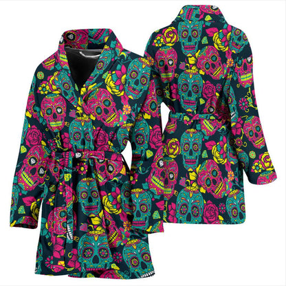 Sugar Skull Floral Design Themed Print Women Bath Robe-JTAMIGO.COM