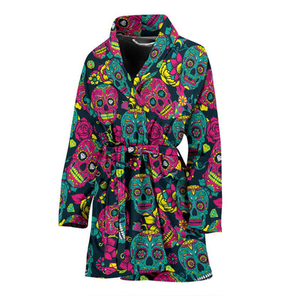 Sugar Skull Floral Design Themed Print Women Bath Robe-JTAMIGO.COM