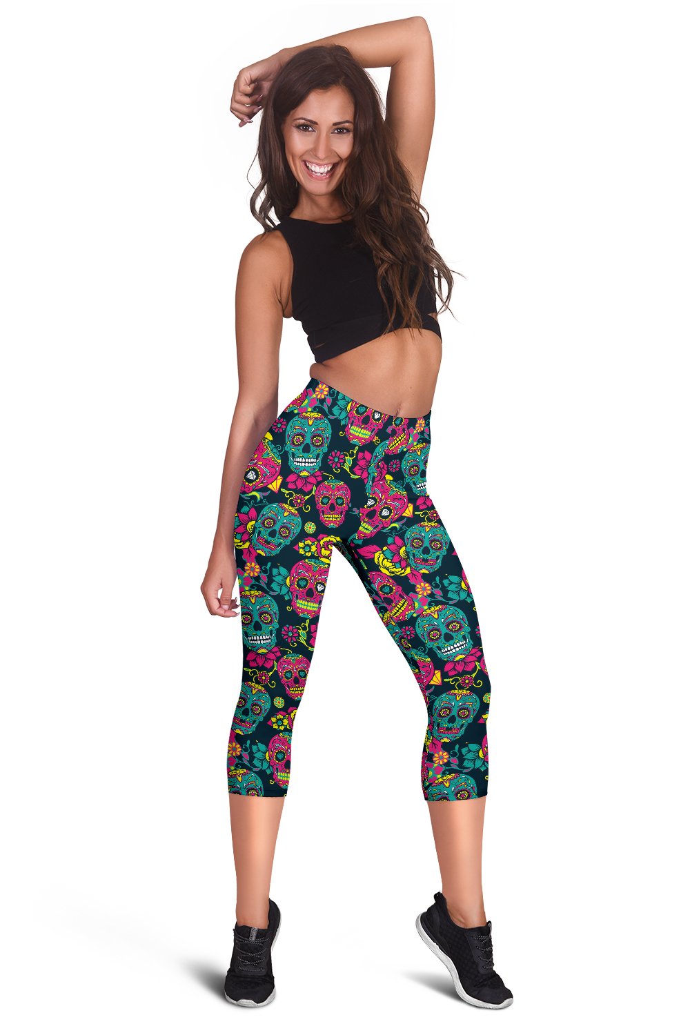 Sugar Skull Floral Design Themed Print Women Capris