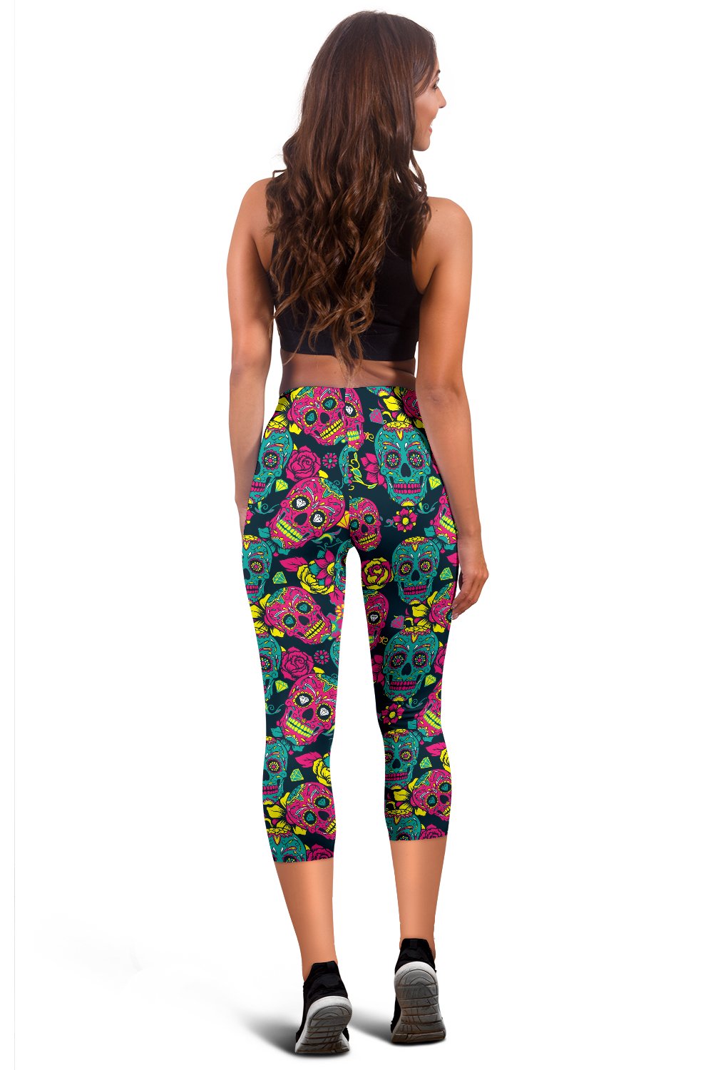 Sugar Skull Floral Design Themed Print Women Capris