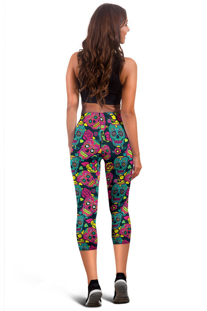 Sugar Skull Floral Design Themed Print Women Capris