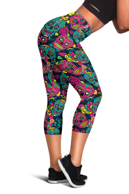 Sugar Skull Floral Design Themed Print Women Capris