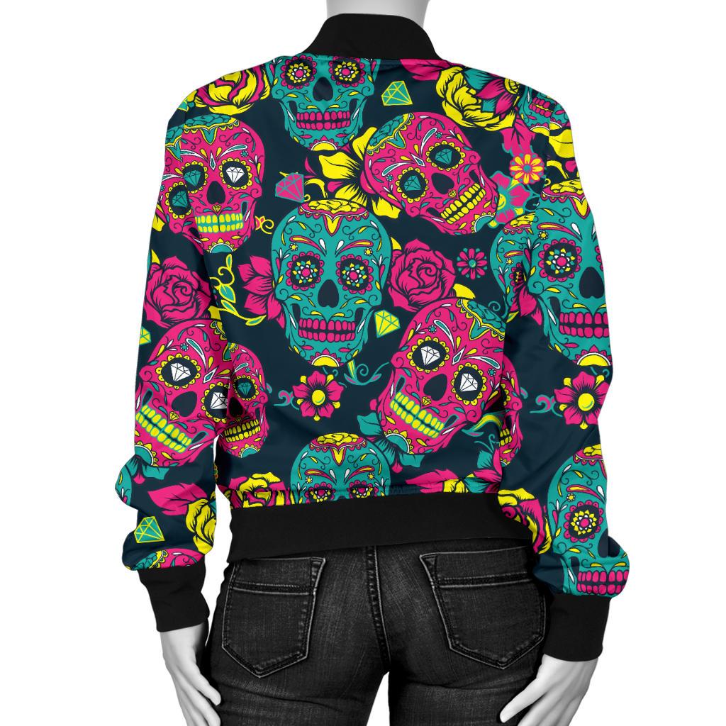 Sugar Skull Floral Design Themed Print Women Casual Bomber Jacket