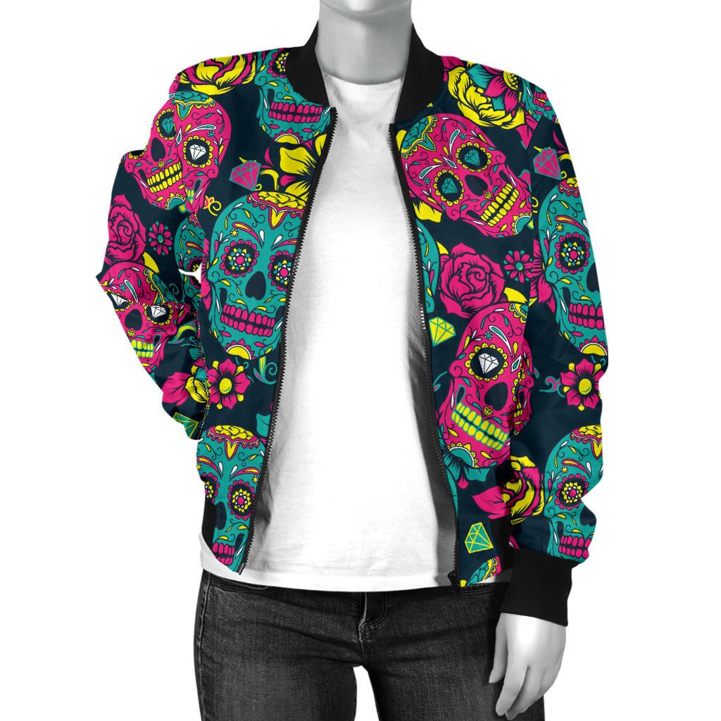 Sugar Skull Floral Design Themed Print Women Casual Bomber Jacket