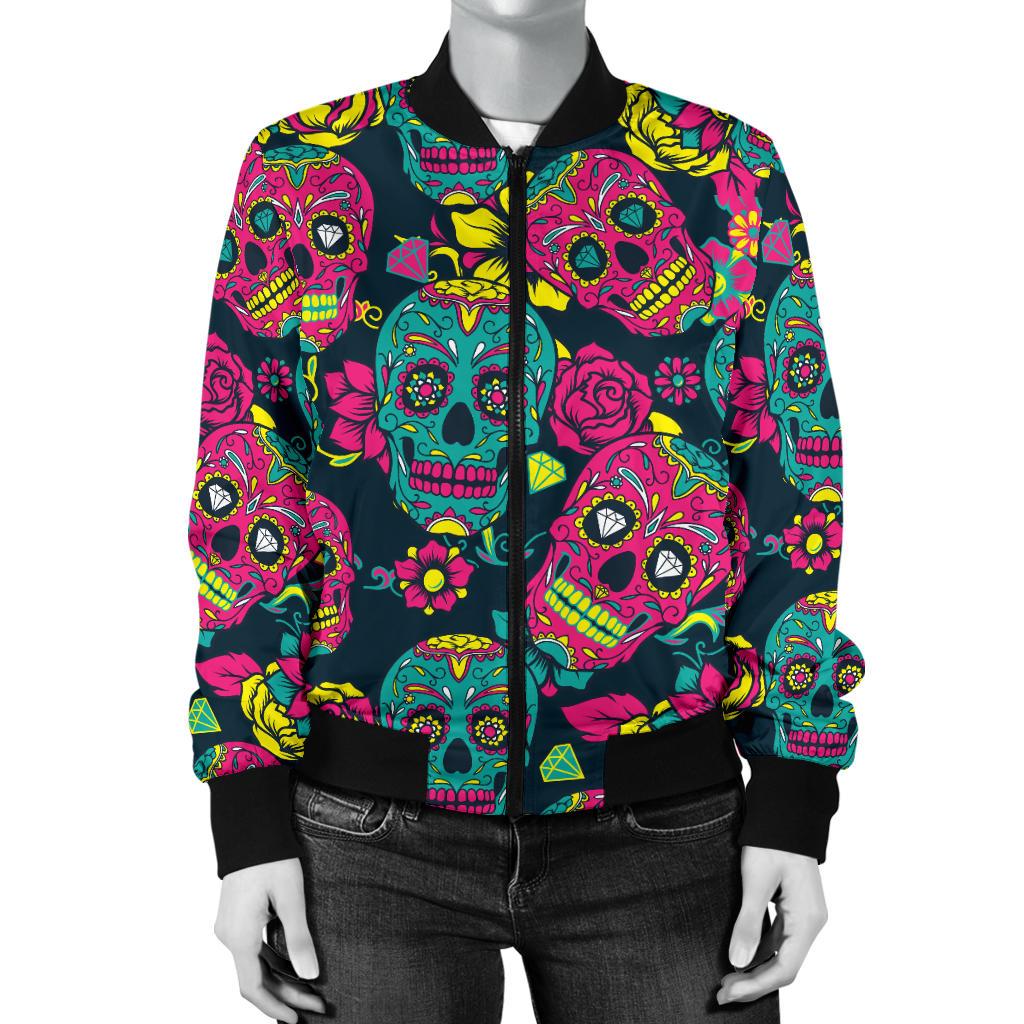 Sugar Skull Floral Design Themed Print Women Casual Bomber Jacket