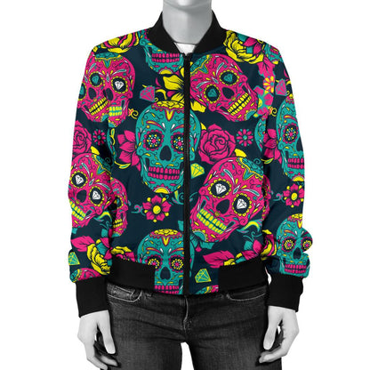 Sugar Skull Floral Design Themed Print Women Casual Bomber Jacket