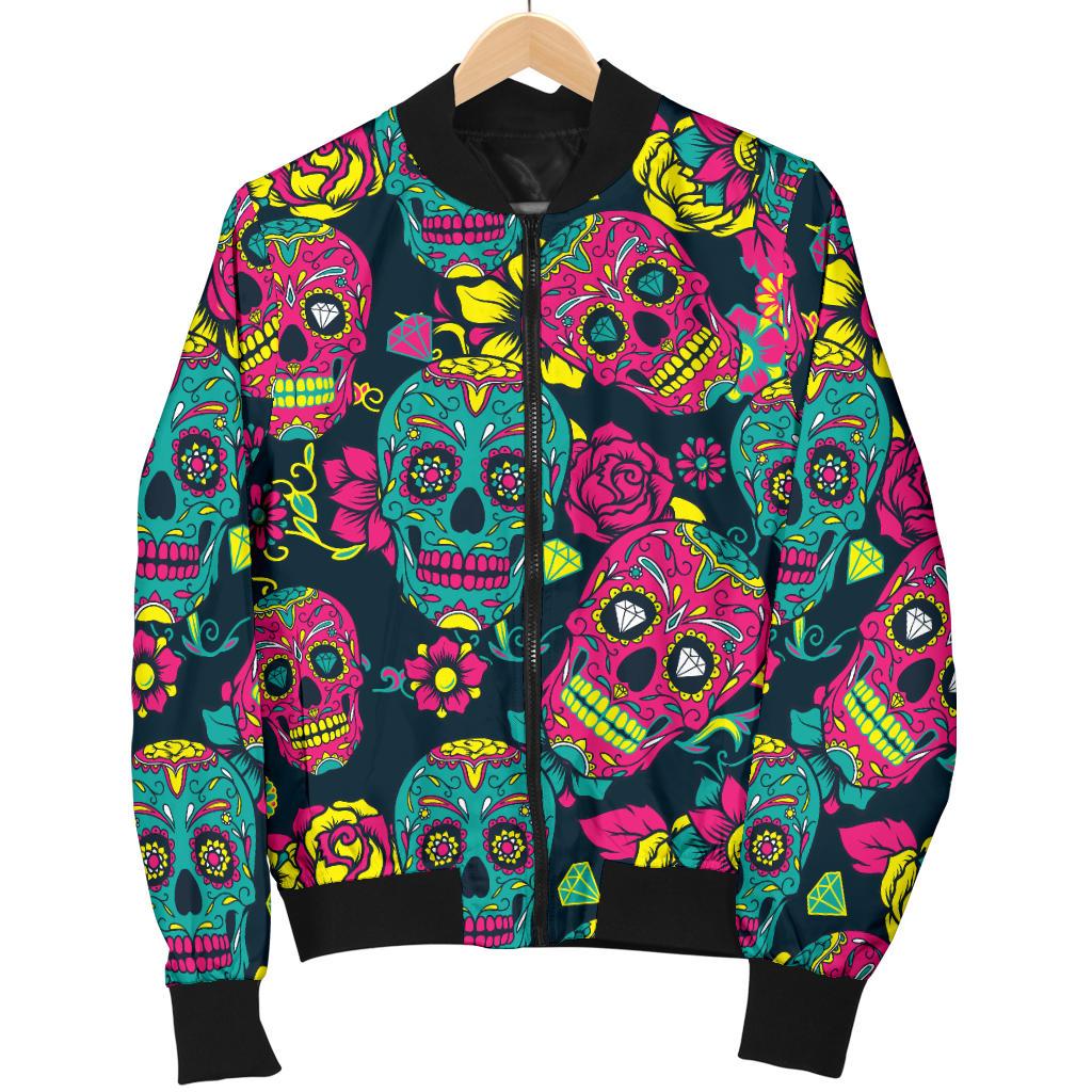 Sugar Skull Floral Design Themed Print Women Casual Bomber Jacket