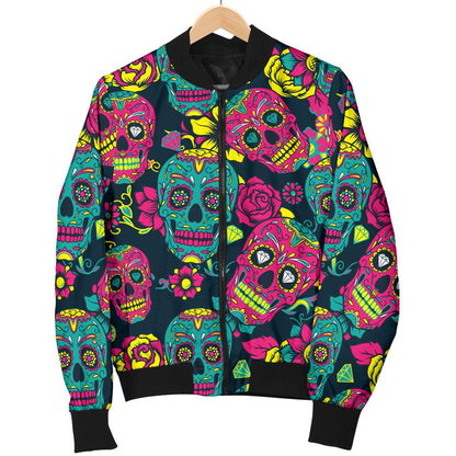 Sugar Skull Floral Design Themed Print Women Casual Bomber Jacket