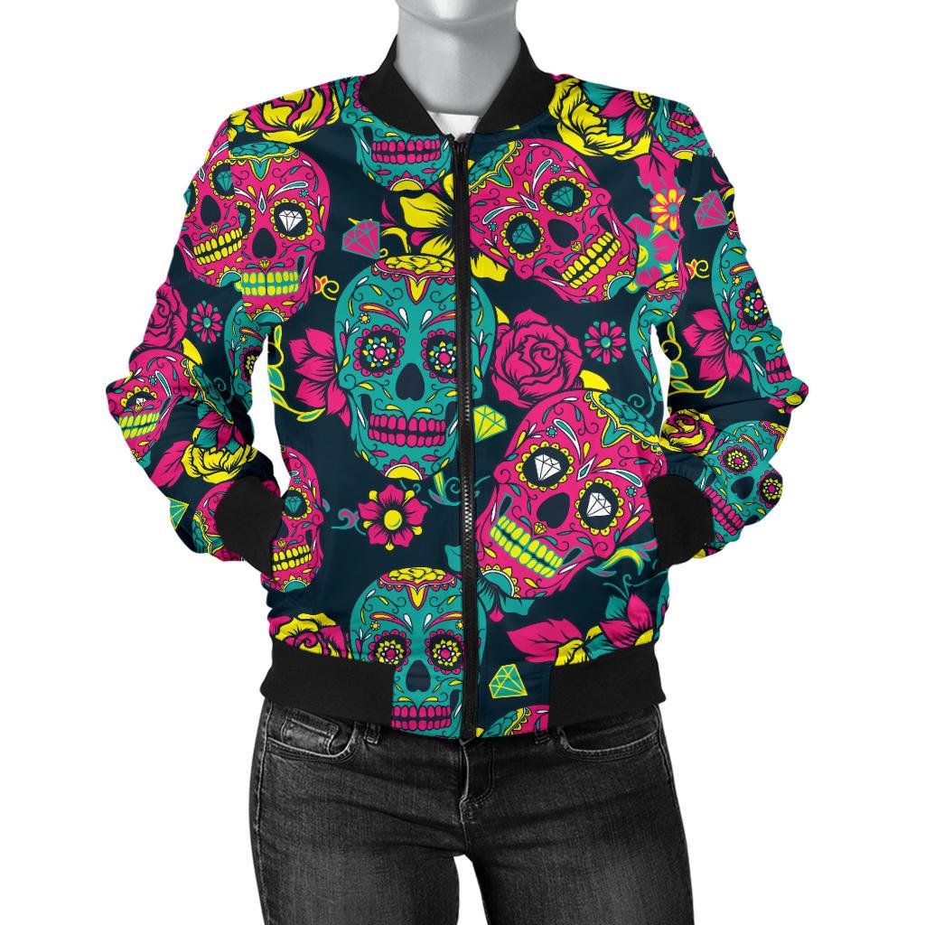 Sugar Skull Floral Design Themed Print Women Casual Bomber Jacket