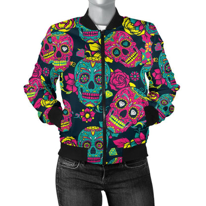 Sugar Skull Floral Design Themed Print Women Casual Bomber Jacket