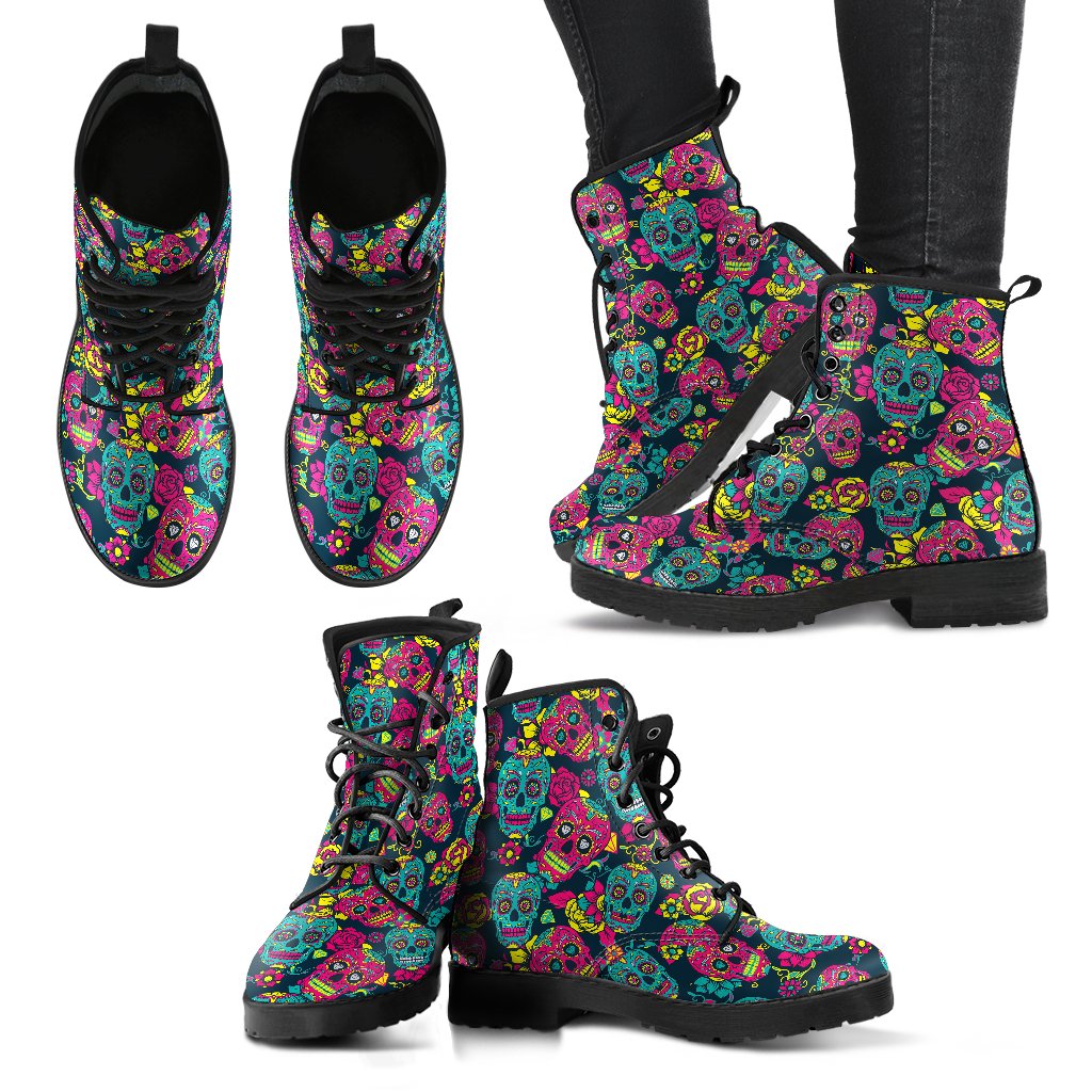 Sugar Skull Floral Design Themed Print Women Leather Boots-JTAMIGO.COM