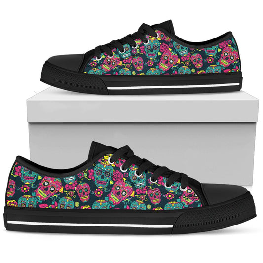 Sugar Skull Floral Design Themed Print Women Low Top Shoes-JTAMIGO.COM
