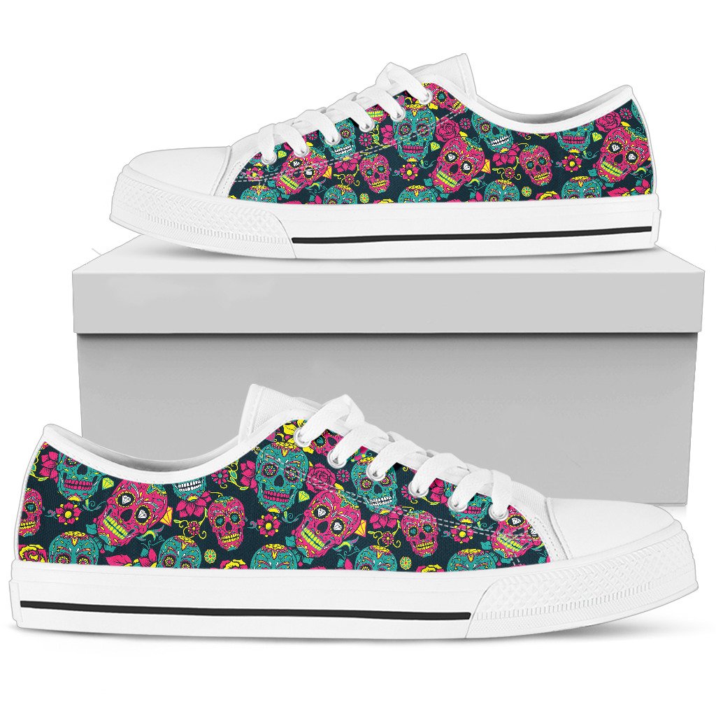Sugar Skull Floral Design Themed Print Women Low Top Shoes-JTAMIGO.COM