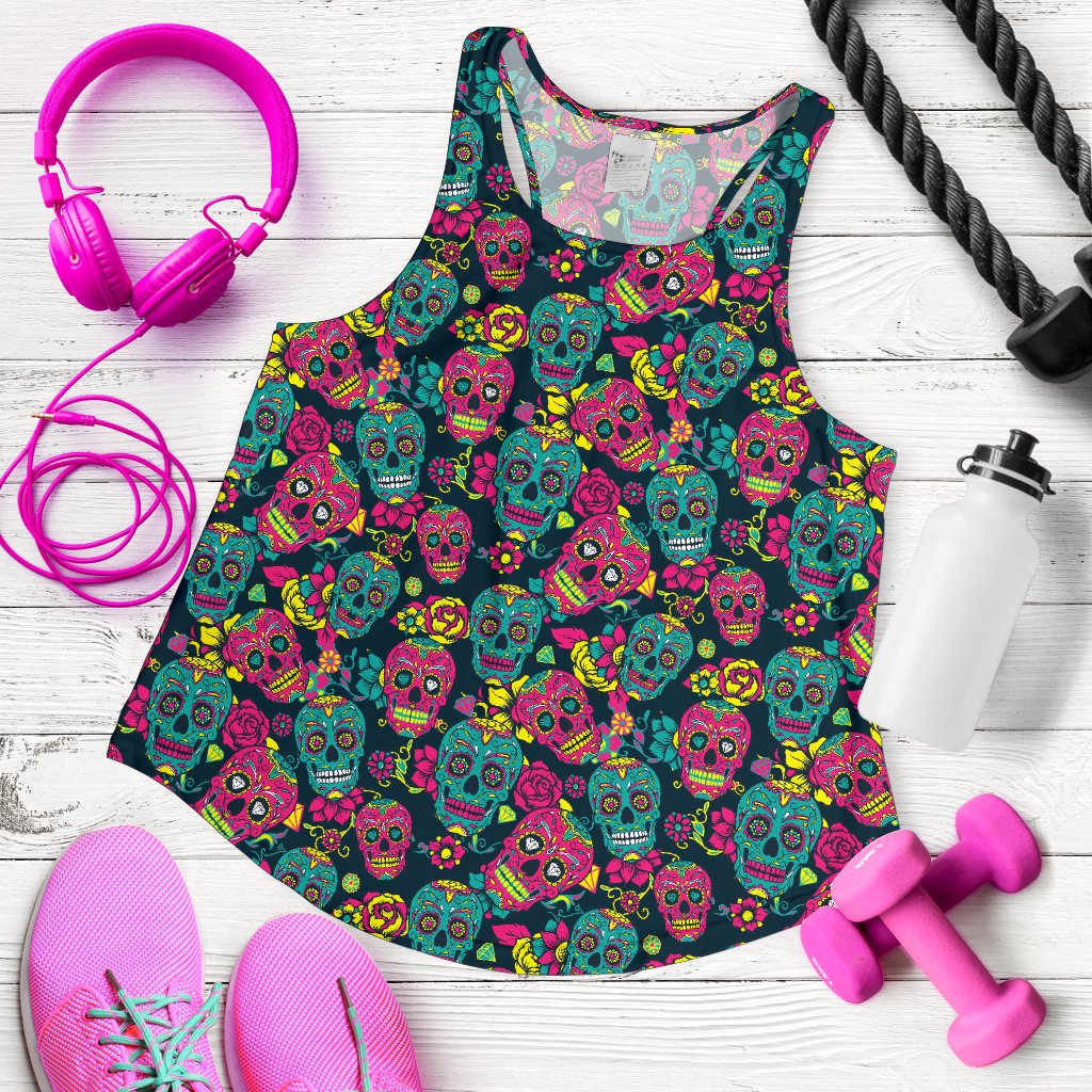Sugar Skull Floral Design Themed Print Women Racerback Tank Top
