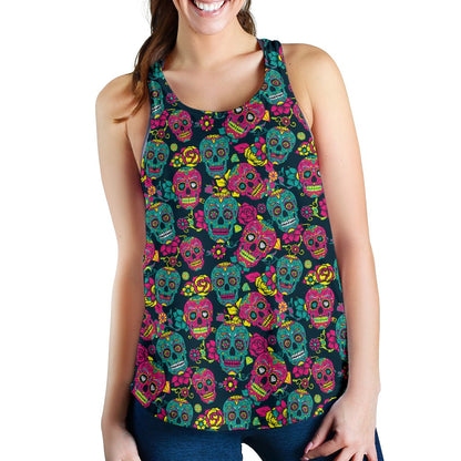 Sugar Skull Floral Design Themed Print Women Racerback Tank Top
