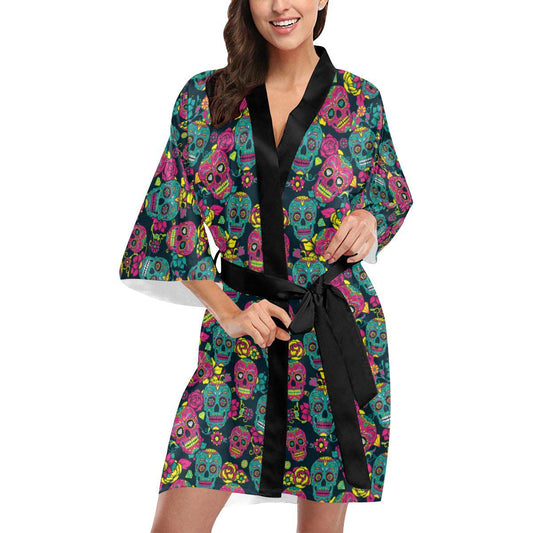 Sugar Skull Floral Design Themed Print Women Short Kimono Robe