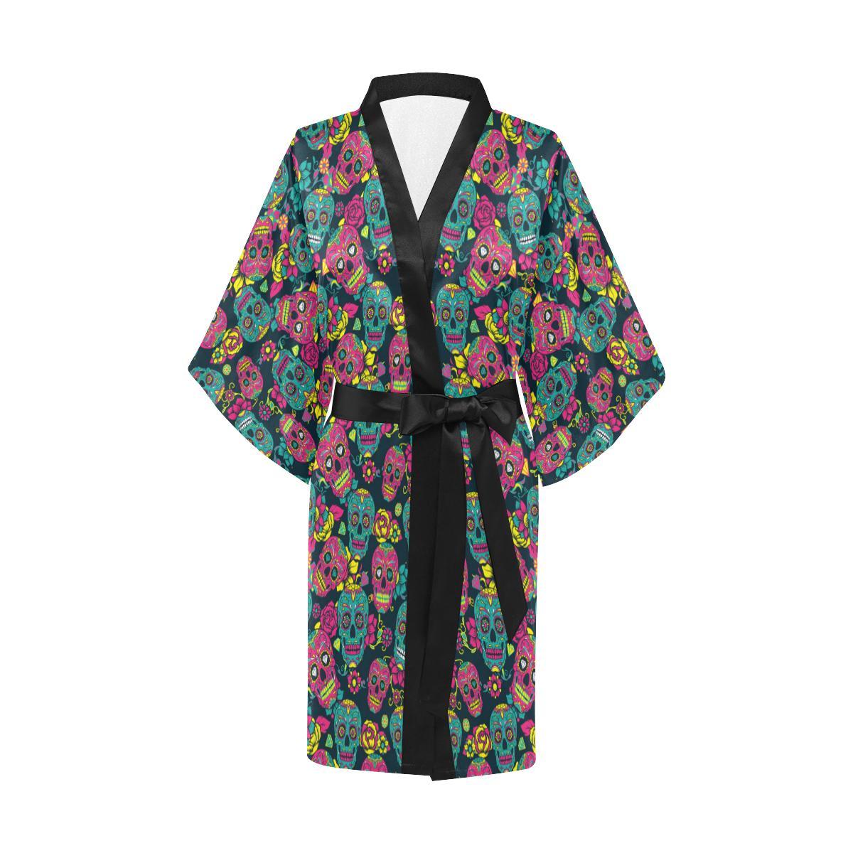 Sugar Skull Floral Design Themed Print Women Short Kimono Robe