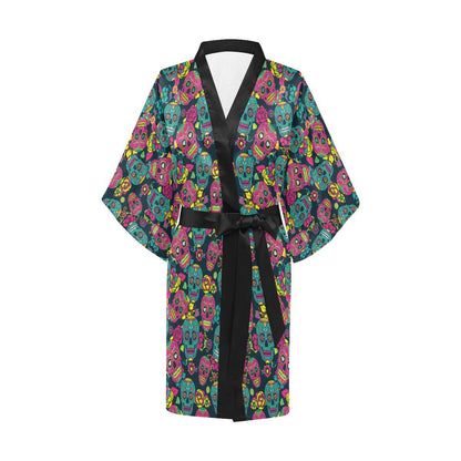 Sugar Skull Floral Design Themed Print Women Short Kimono Robe