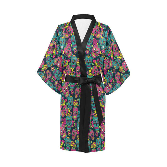 Sugar Skull Floral Design Themed Print Women Short Kimono Robe