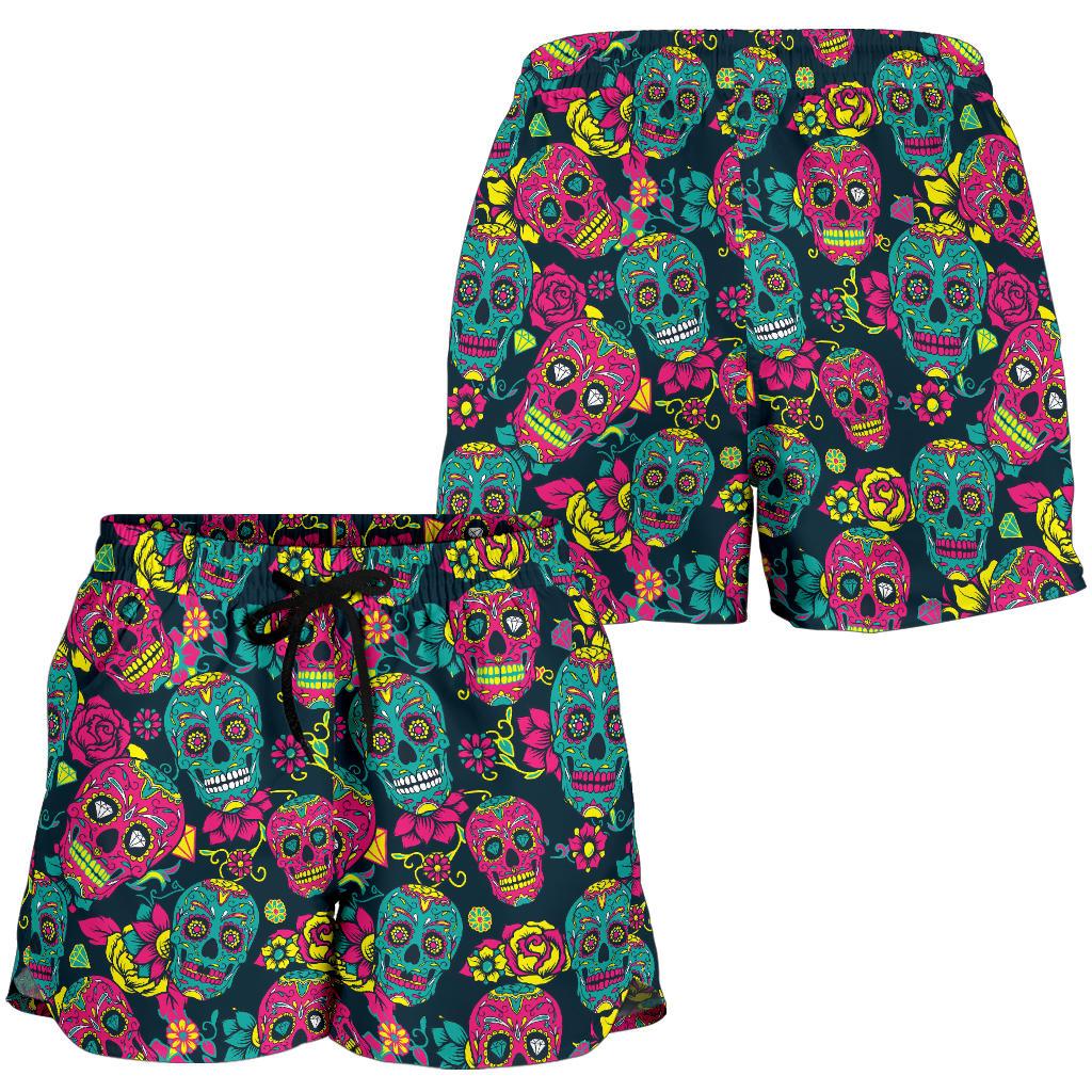 Sugar Skull Floral Design Themed Print Women Shorts-JTAMIGO.COM