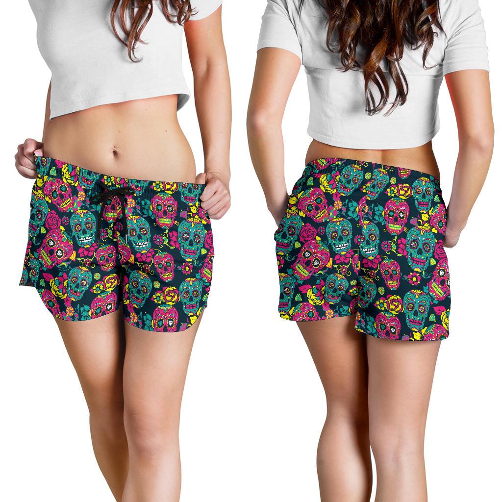 Sugar Skull Floral Design Themed Print Women Shorts-JTAMIGO.COM
