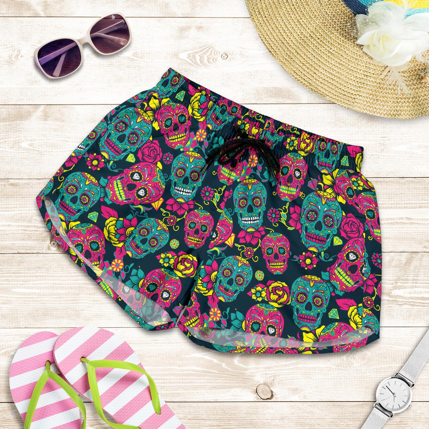 Sugar Skull Floral Design Themed Print Women Shorts-JTAMIGO.COM