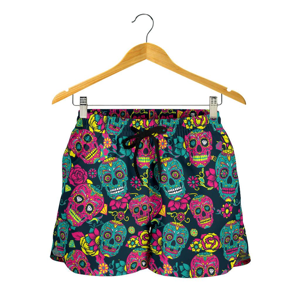 Sugar Skull Floral Design Themed Print Women Shorts-JTAMIGO.COM