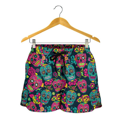 Sugar Skull Floral Design Themed Print Women Shorts-JTAMIGO.COM