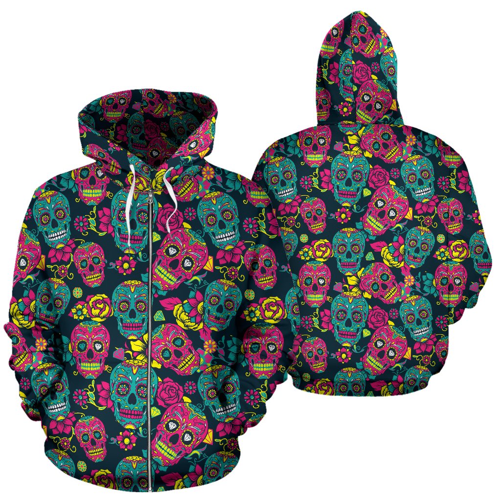 Sugar Skull Floral Design Themed Print Zip Up Hoodie