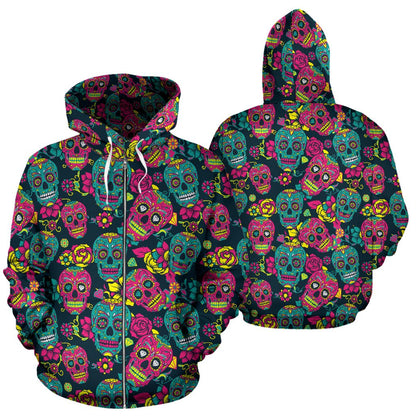 Sugar Skull Floral Design Themed Print Zip Up Hoodie