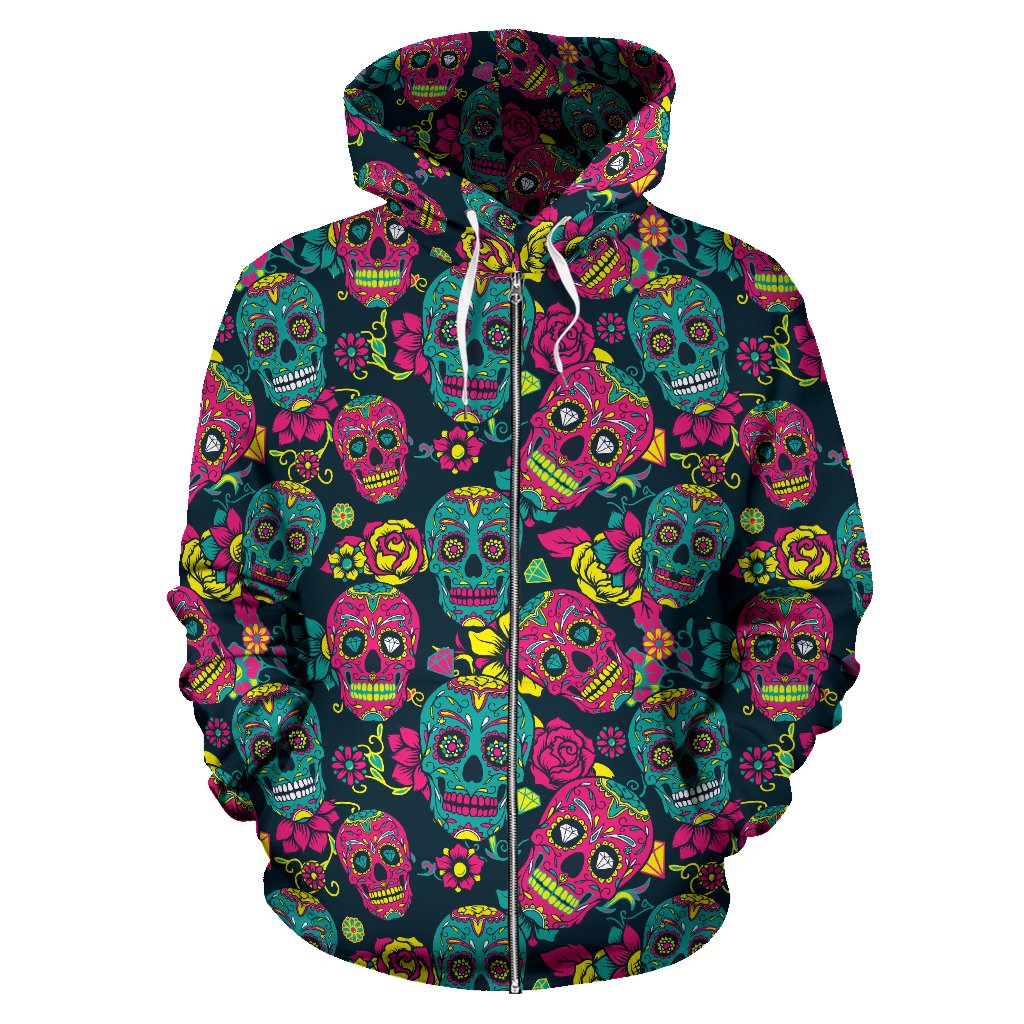 Sugar Skull Floral Design Themed Print Zip Up Hoodie