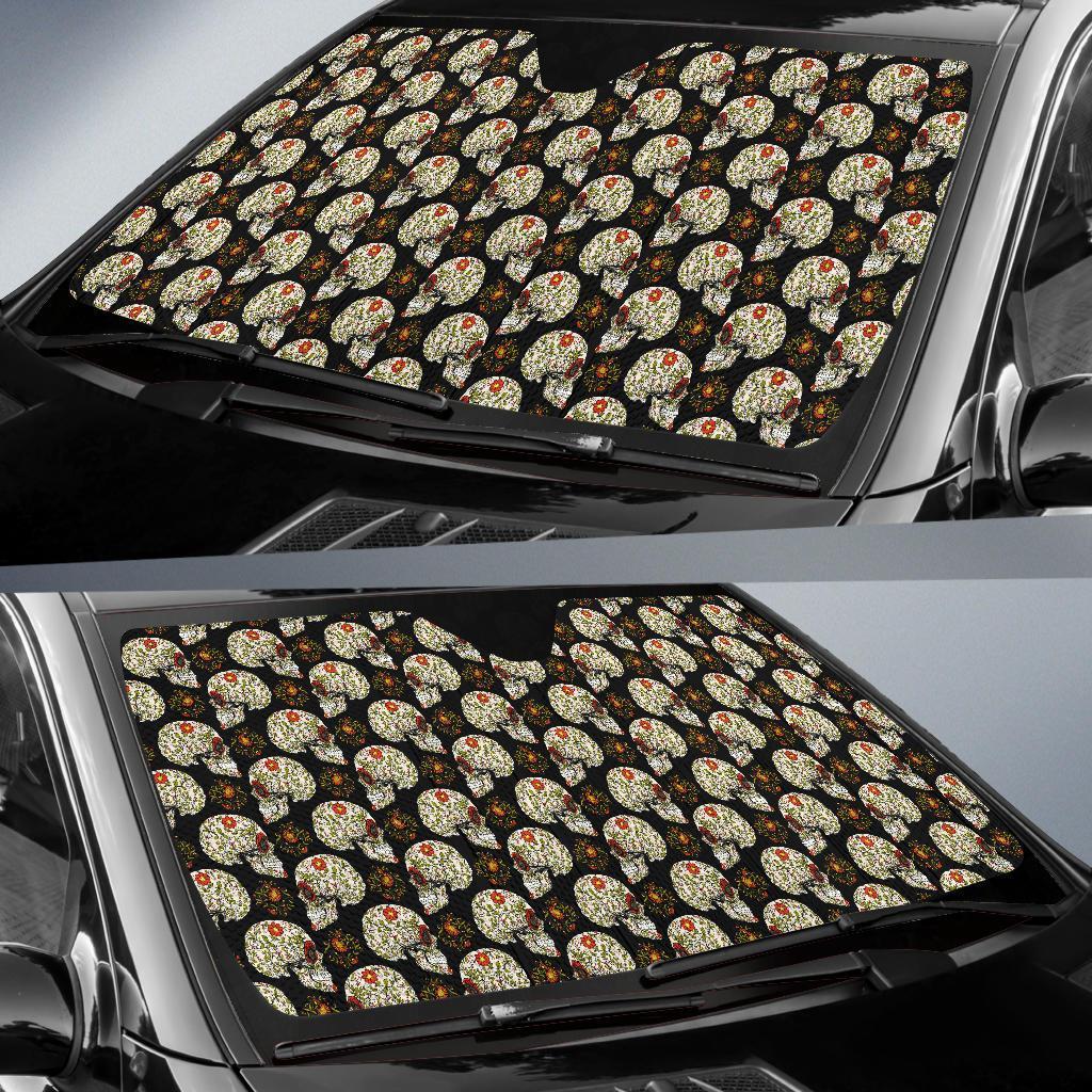 Sugar Skull Flower Design Themed Print Car Sun Shade For Windshield