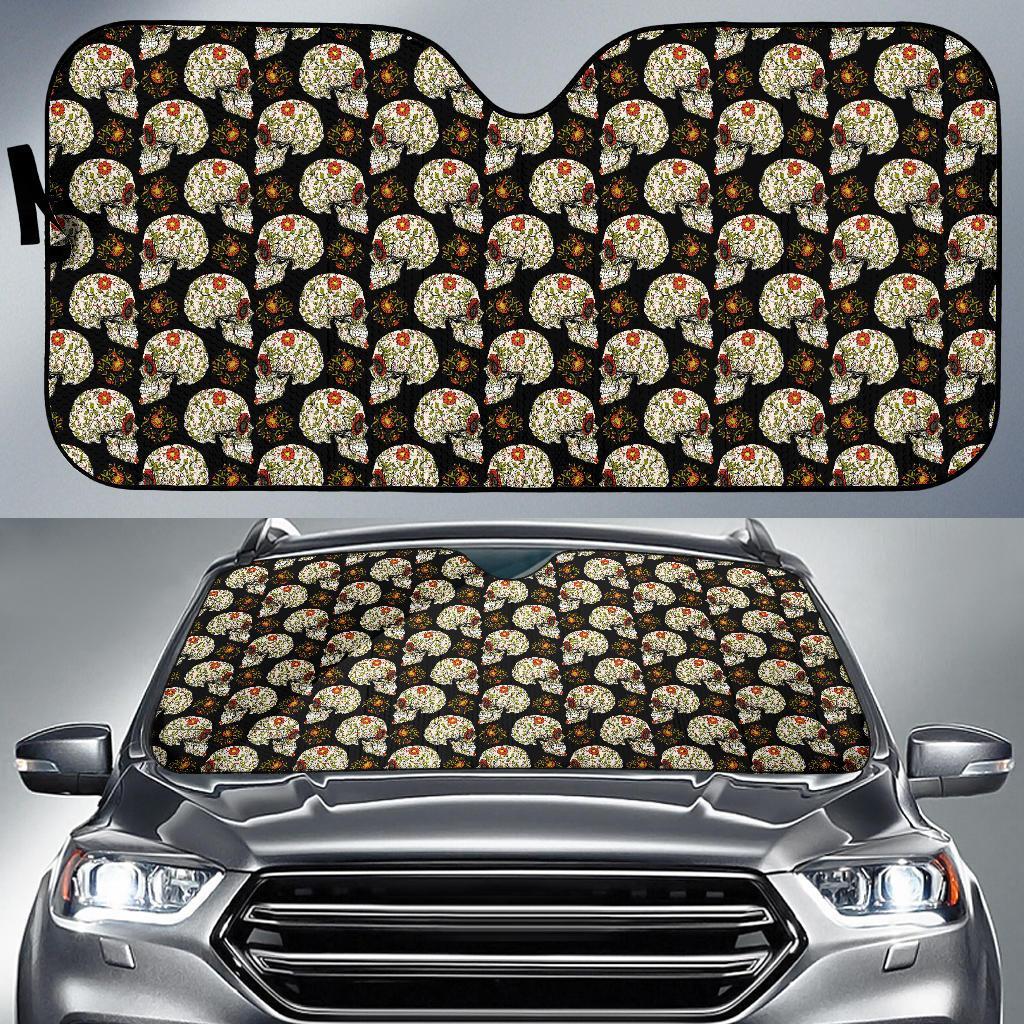 Sugar Skull Flower Design Themed Print Car Sun Shade For Windshield