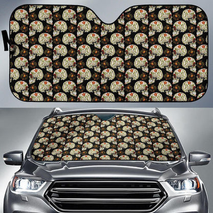 Sugar Skull Flower Design Themed Print Car Sun Shade For Windshield