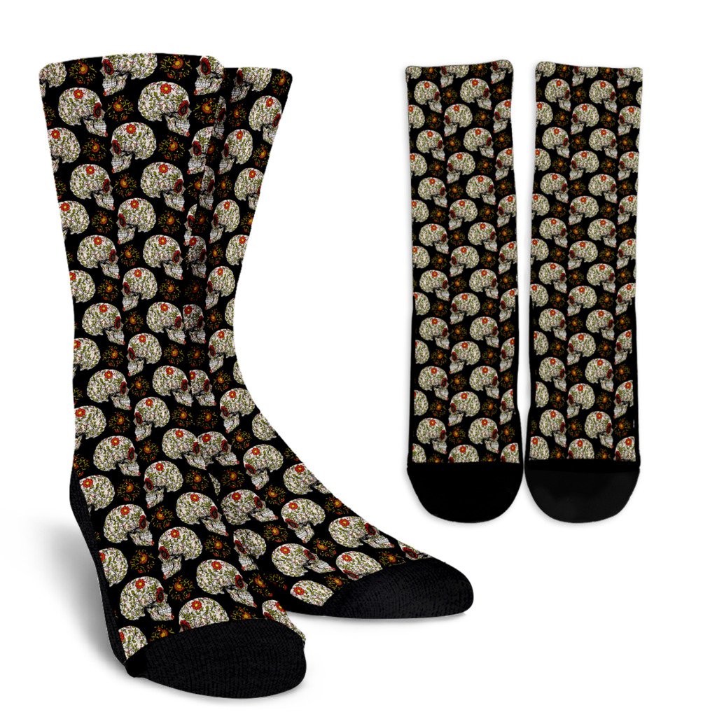 Sugar Skull Flower Design Themed Print Crew Socks