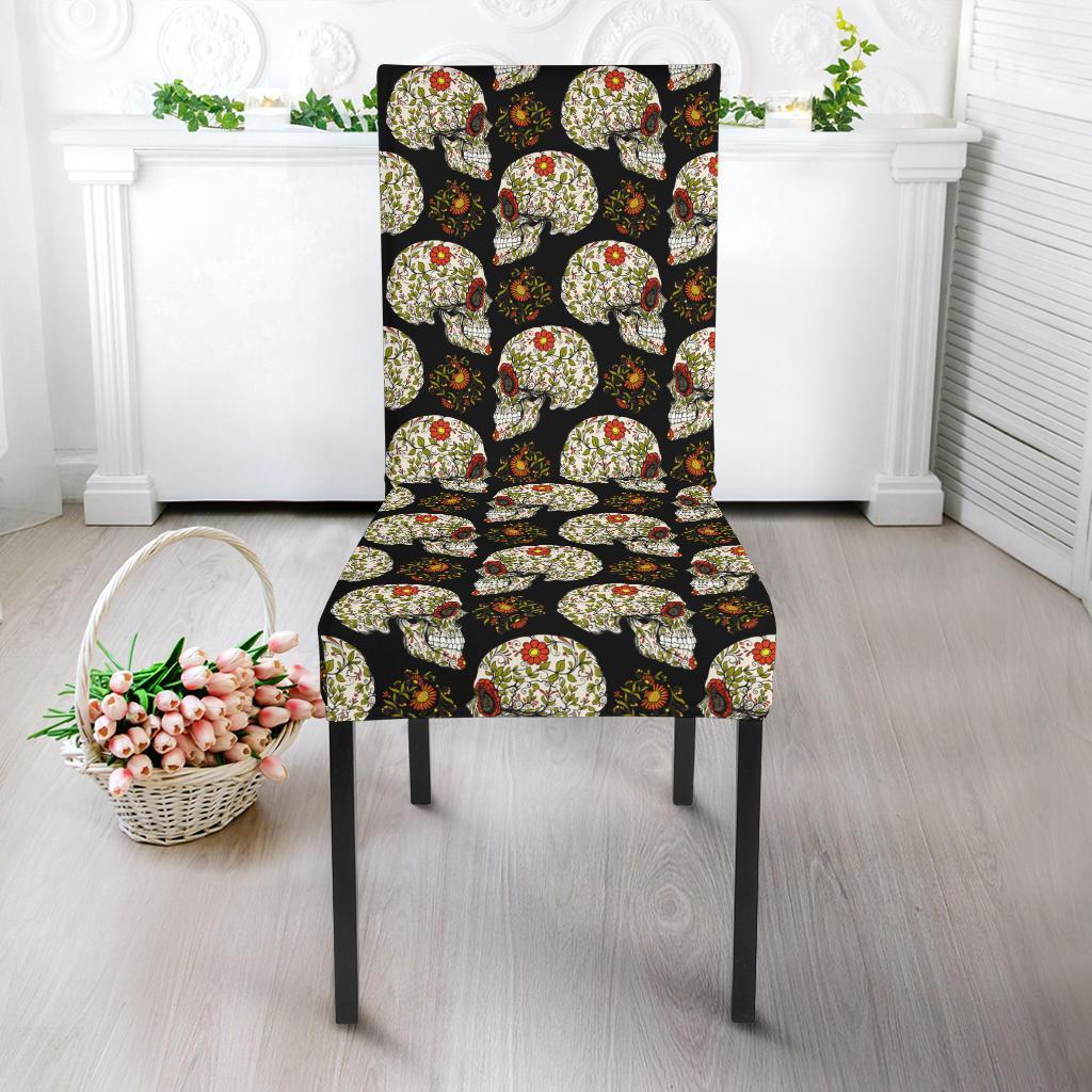 Sugar Skull Flower Design Themed Print Dining Chair Slipcover-JTAMIGO.COM