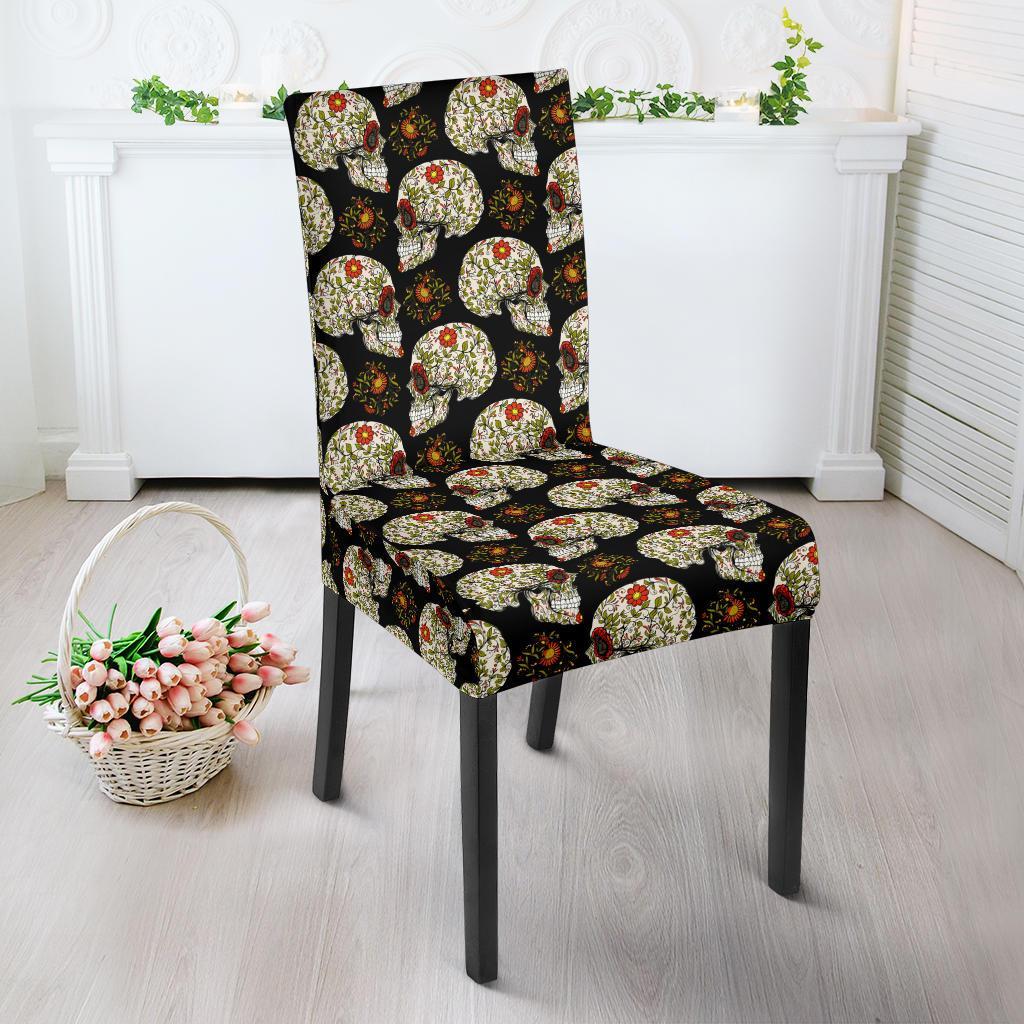 Sugar Skull Flower Design Themed Print Dining Chair Slipcover-JTAMIGO.COM