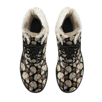 Sugar Skull Flower Design Themed Print Faux Fur Leather Boots-JTAMIGO.COM