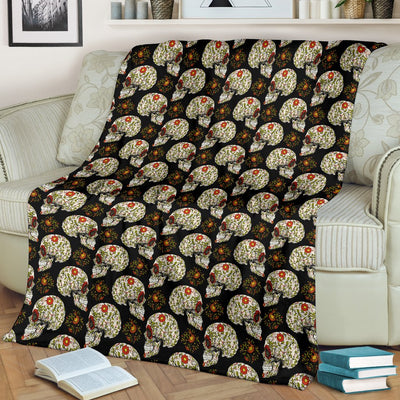 Sugar Skull Flower Design Themed Print Fleece Blanket