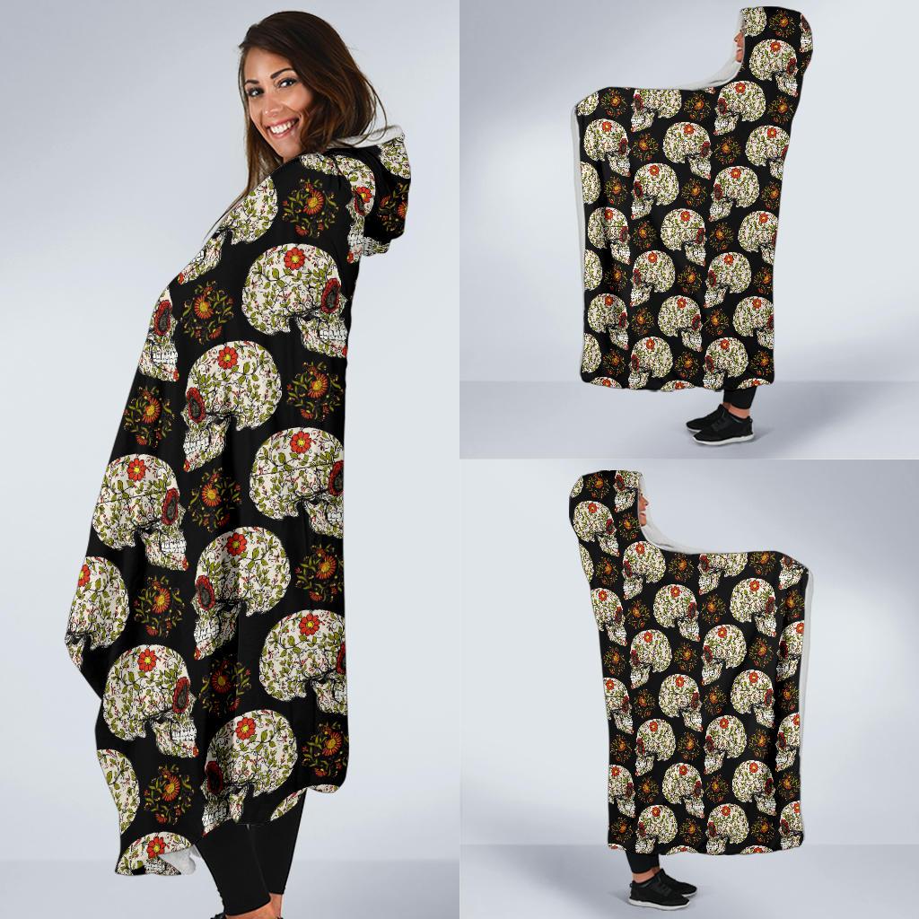 Sugar Skull Flower Design Themed Print Hooded Blanket-JTAMIGO.COM