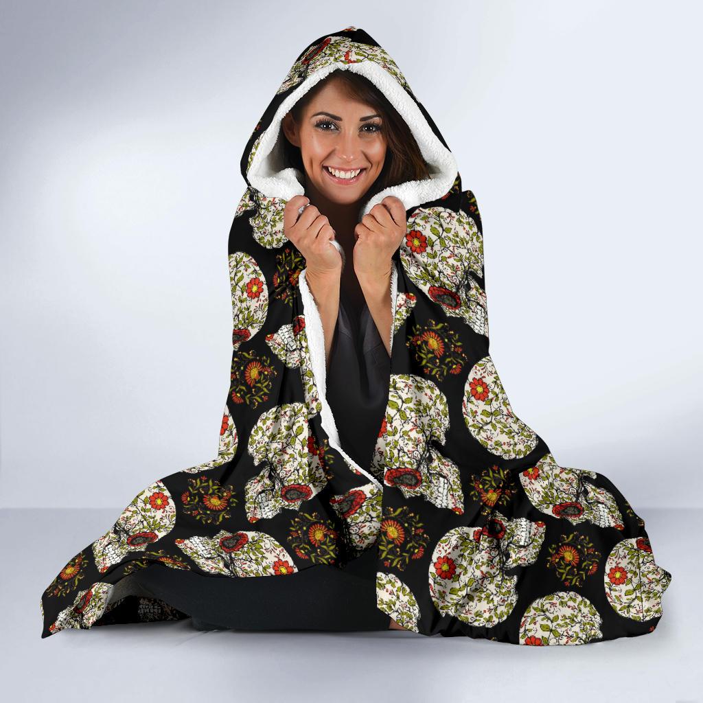 Sugar Skull Flower Design Themed Print Hooded Blanket-JTAMIGO.COM
