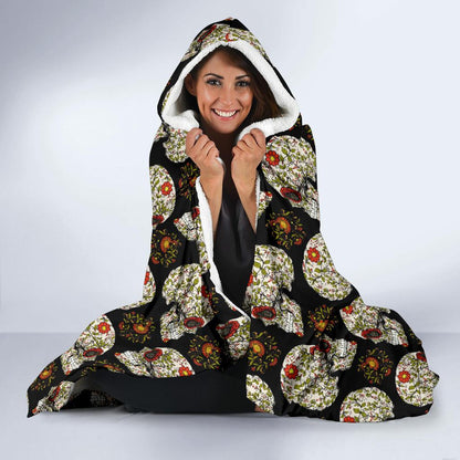 Sugar Skull Flower Design Themed Print Hooded Blanket-JTAMIGO.COM