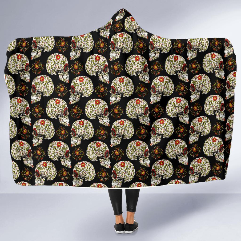 Sugar Skull Flower Design Themed Print Hooded Blanket-JTAMIGO.COM