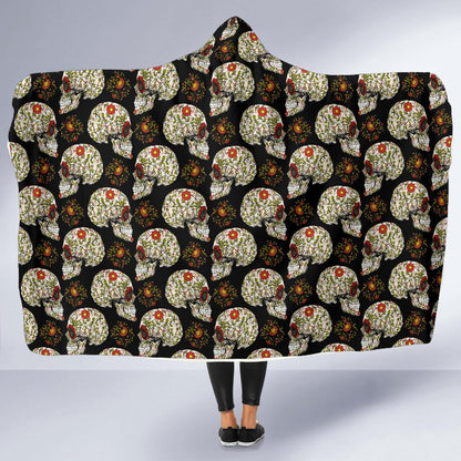Sugar Skull Flower Design Themed Print Hooded Blanket-JTAMIGO.COM
